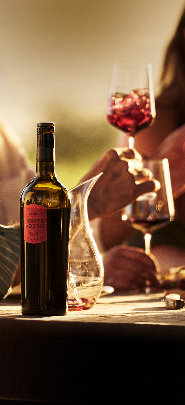 Wine bottle and glasses, people enjoying wine